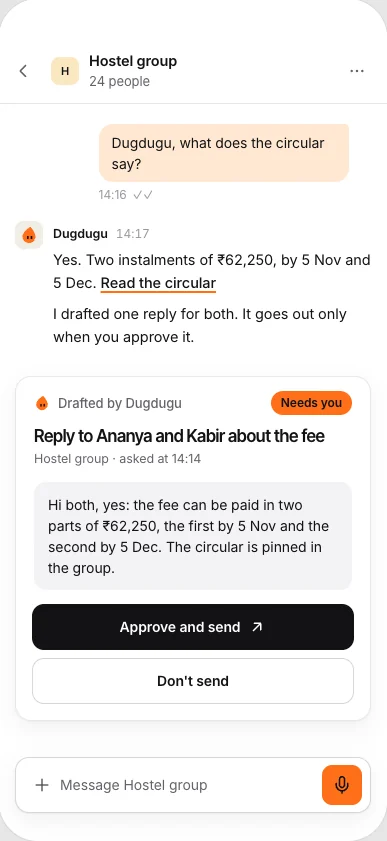 The app on a phone: a drafted reply with Approve and send, and Don’t send.